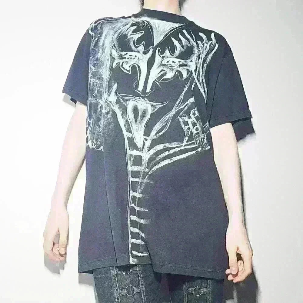 Vintage 90s Goth style  hand-painted Gene Simmons from Kiss rock band t-shirt